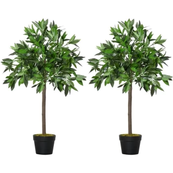 image of Set Of 2 90cm/3FT Artificial Bay Laurel Topiary Trees w/Pot Fake Plant - Outsunny