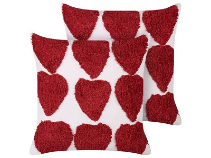 Image of Beliani Set Of 2 Decorative Cushions Mingora Cotton 45 X 45cm Red Heart Pattern
