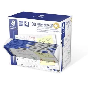 image of Staedtler Stick 430 Medium Ballpoint Pen 0.35mm Line Width 1.0mm Tip Width Blue Pack 100