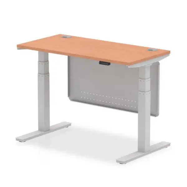 image of Air 1200 x 600mm Height Adjustable Desk Beech Top Cable Ports Silver Leg With Silver Steel Modesty Panel