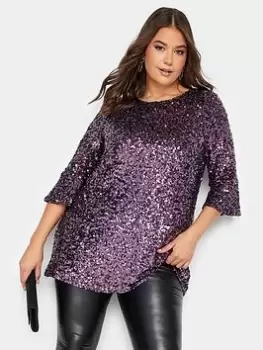 Image of Yours Sequin Flute Sleeve Top, Purple, Size 14, Women