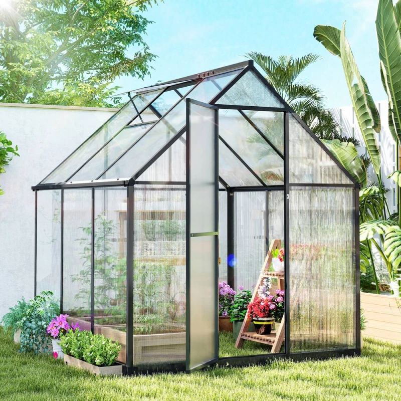 Image of OUTSUNNY Polycarbonate Greenhouse Garden Green House with Rain Gutter, Black Unisex