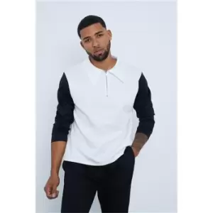 Image of I Saw It First White Colourblock Scuba Half Zip Long Sleeve Polo - White