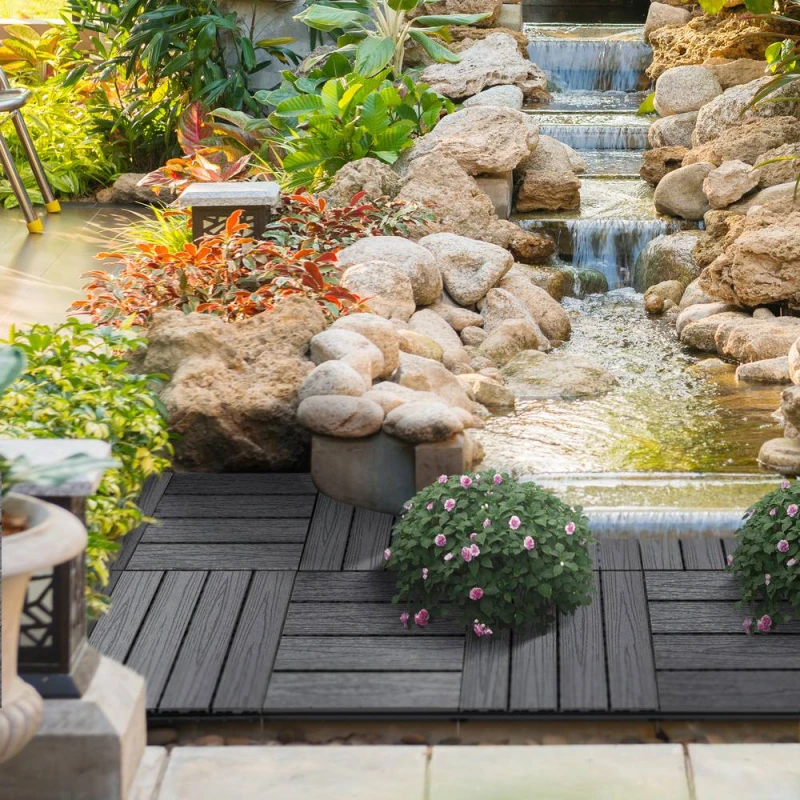 Image of OUTSUNNY Interlocking Decking Tiles, Interlocking Patio Paving Slabs, Grey Grey Unisex