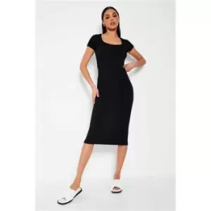 I Saw It First Black Ribbed Short Sleeve Square Neck Bodycon Midi Dress - Black