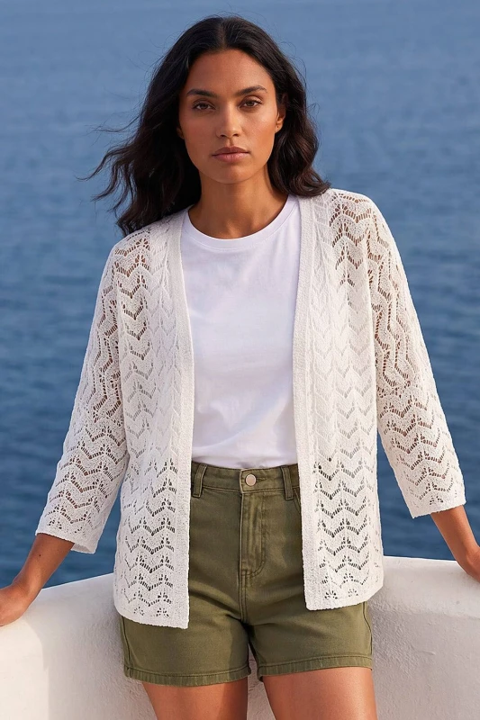 Image of Roman Womens Wave Stitch Detail Knit Cardigan in White Size: 20 White Female 20