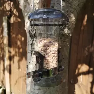 image of Tom Chambers All Seasons 2 Port Garden Wild Bird Hanging Smoked Grey Plastic Seed Feeder