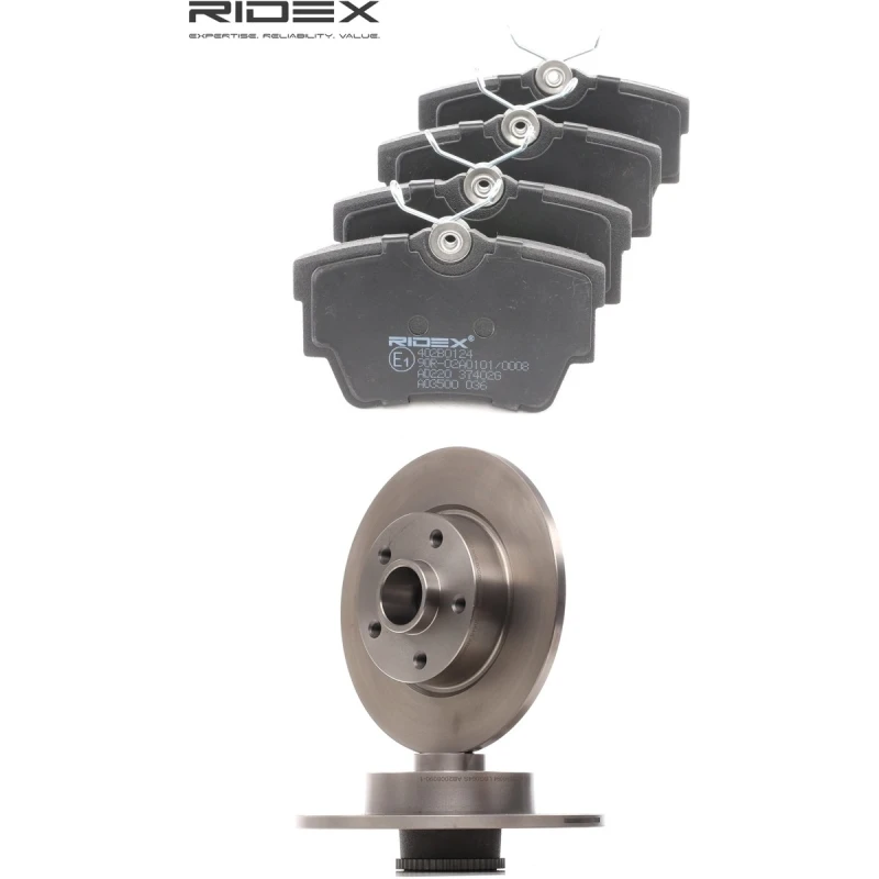 Image of RIDEX 3405B0966 Brake disc and pads set Rear Axle, Brake Disc Type: Solid, excl. wear warning contact, with wheel bearing kit Brake Set,disc brakes (