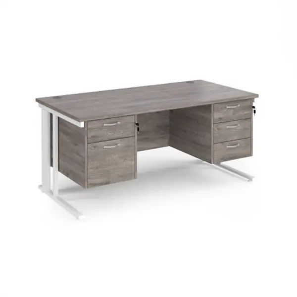 image of Maestro 25 straight desk 1600mm x 800mm with 2 and 3 drawer pedestals - white cable managed leg frame, grey oak top