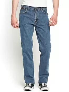 image of Wrangler Mens Texas Stretch Straight Jeans - Stonewash, Size 32, Inside Leg S=30 Inch, Men