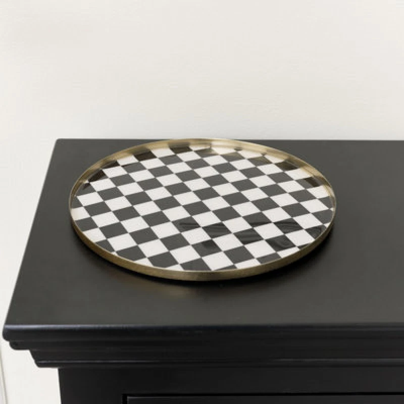 Image of Melody Maison Black Monochrome Checked Round Tray Black