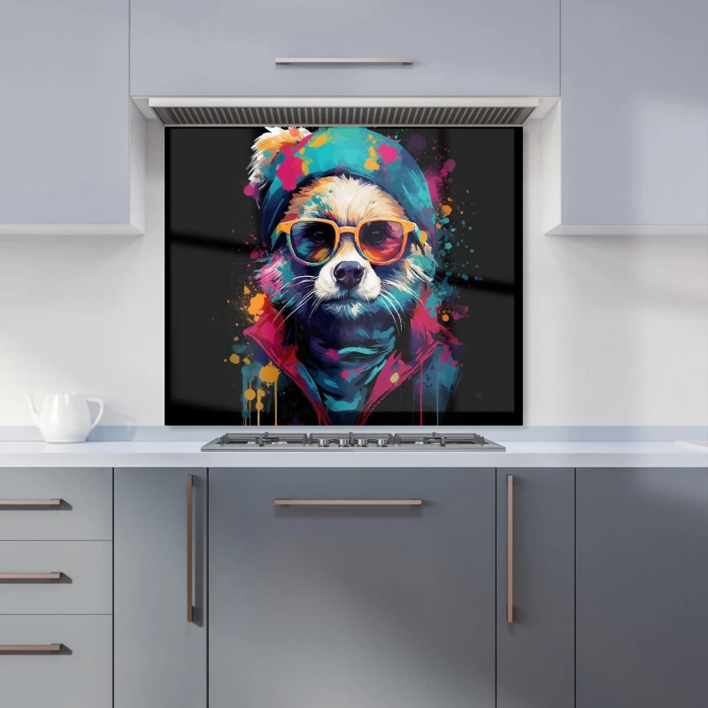 Image of Warren Reed - Designer Multi Coloured Splashart Dog With Glasses Kitchen Splashback in Blue Size: 600mm x 750mm Blue Unisex 600mm x 750mm