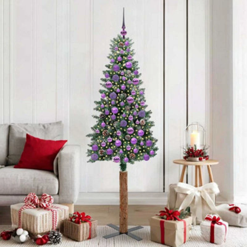 Image of vidaXL Slim Christmas Tree with 300 LEDs, Lilac Balls Green and White 180 cm, Green 3394905