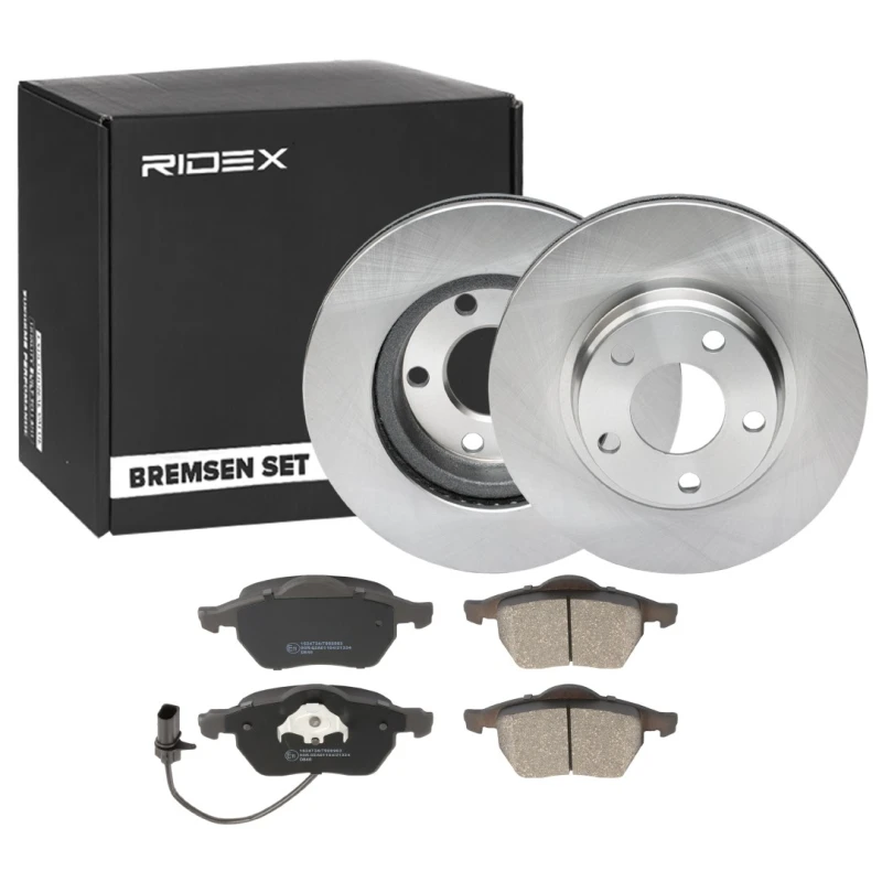 Image of RIDEX 3405B0939 Brake disc and pads set Front Axle, Brake Disc Type: Vented, incl. wear warning contact Brake Set,disc brakes (3405)