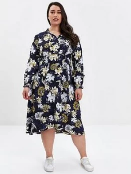 Image of Evans Navy Floral Print Tie Neck Dress, Navy, Size 26, Women