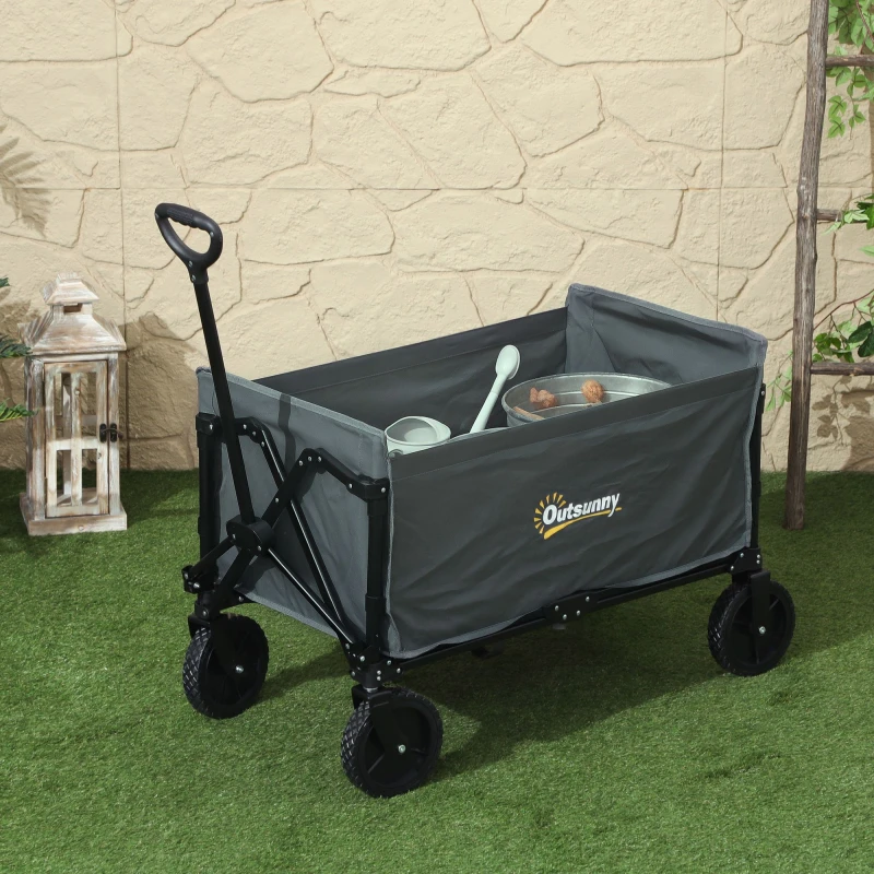 Image of Outsunny Outsunny 120L Folding Collapsible Wagon with Adjustable Handle, Grey Mid Grey