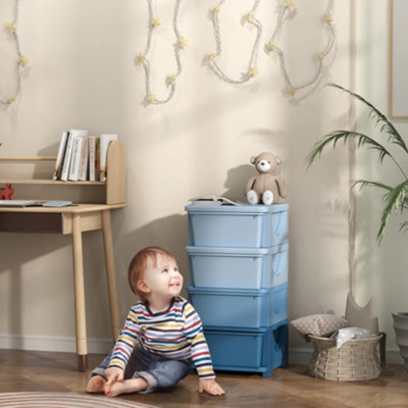 Image of HOMCOM Kids Storage Units with Drawers 4 Tier Chest Dresser Tower Blue 311-023V01BU