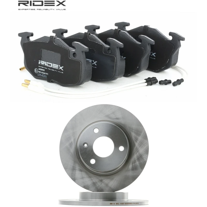 Image of RIDEX 3405B2008 Brake disc and pads set Front Axle, Brake Disc Type: Solid, incl. wear warning contact Brake Set,disc brakes (3405)