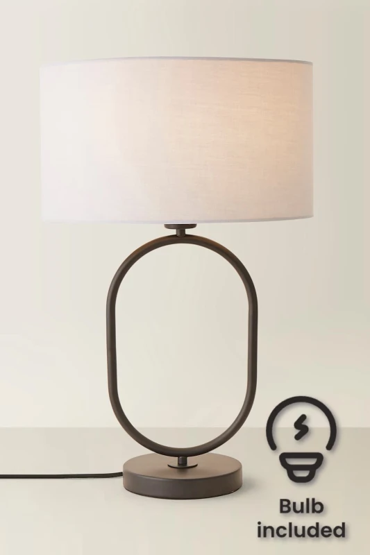 Image of ValueLights ValueLights Antonia Fabric Drum Lamp Shade Matte Black Oval Table Lamp with Bulb in Grey Grey One Size Unisex 5059406066955