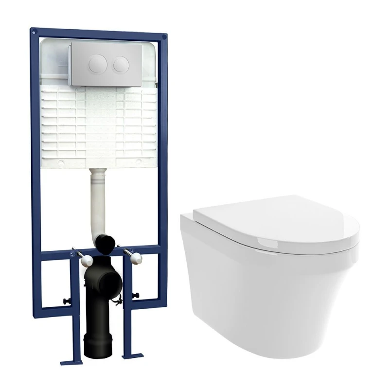Image of Balterley Round Wall Hung Pan Seat Concealed Cistern Round Push Button Plate in White White Unisex