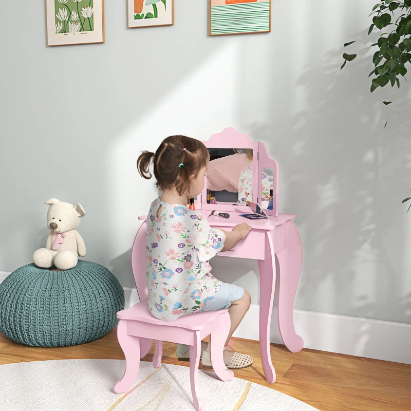 Image of HOMCOM Makeup Dressing Table Set with Tri-Folding Mirror and Drawer, Pink 311-037V80PK