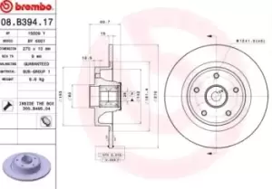 Image of BREMBO Brake disc Solid 08.B394.17 Brake rotor,Brake discs RENAULT,SCENIC II (JM0/1_),MEGANE II Coupe-Cabriolet (EM0/1_),MEGANE II Kombi (KM0/1_)