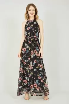 Image of Black Floral Halter Neck Maxi Dress