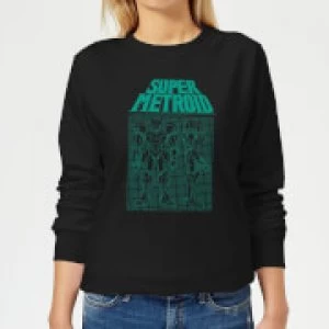 Image of Nintendo Super Metroid Power Suit Blueprint Womens Sweatshirt - Black - Black - XL