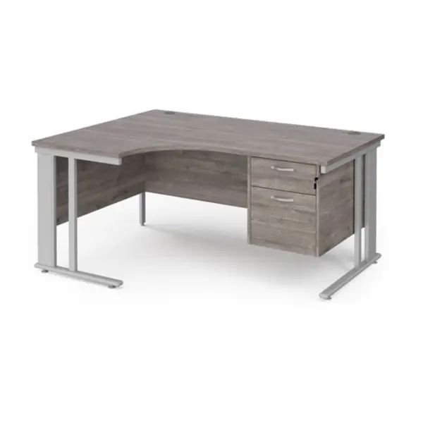 image of Maestro 25 left hand ergonomic desk 1600mm wide with 2 drawer pedestal - silver cable managed leg frame, grey oak top