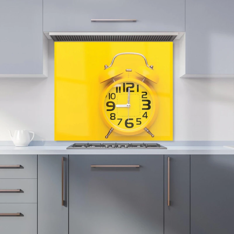 Image of Warren Reed - Designer Yellow Alarm Clock Kitchen Splashback Size: 600mm x 600mm Yellow Unisex 600mm x 600mm