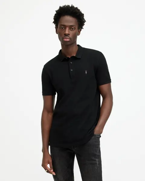 Image of AllSaints Mens Cotton Slim Fit Reform Short Sleeve Three Button Polo Shirt, Black, Size: XL