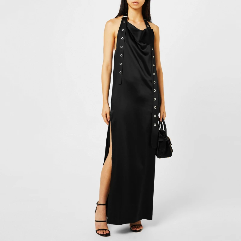 Image of Off White Womens Belted Satin Halter Neck Evening Maxi Dress Black female 4 (3XS)