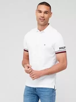 Image of Tommy Hilfiger Monotype Striped Cuff Slim Fit Polo Shirt - White, Size L, Men