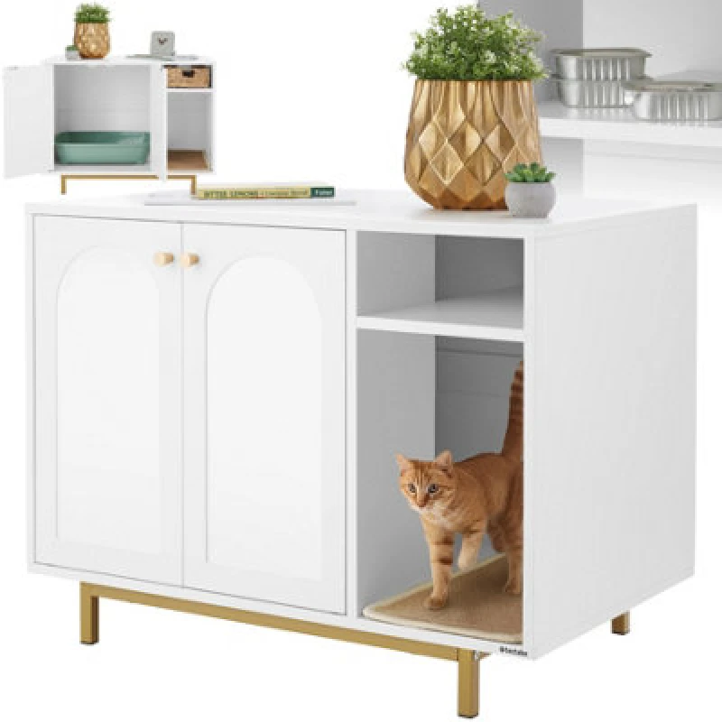 Image of Tectake Cat Litter Cupboard Kalea - Side Entrance, Scratching Mat, Large Doors, Storage - White/gold