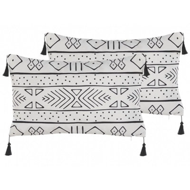 Image of Beliani Set Of 2 Decorative Cushions Schefflera Velvet 30 X 50 Cm White Geometric Pattern