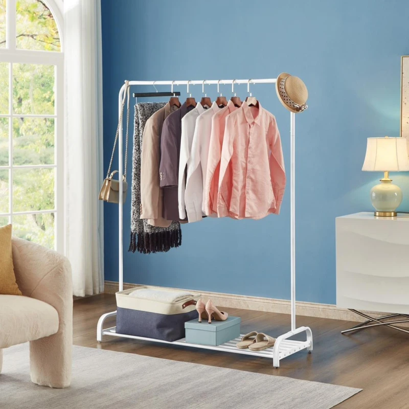 Image of House of Home Clothes Rail Garment Rack Shoe Storage Shelf Adjustable Feet Easy Assembly White White