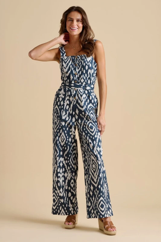 Image of Brakeburn Womens Ikat Jumpsuit in Navy Size: 14 Navy Female 14