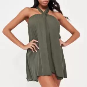 image of Missguided Cheesecloth Low Back Halterneck Beach Cover Up Mini Dress - Green