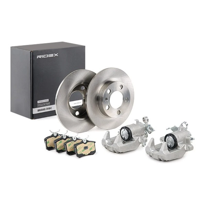 Image of RIDEX 3405B1645 Brake disc and pads set without holder, Rear Axle, Brake Disc Type: solid, not prepared for wear warning indicator Brake Set,disc bra