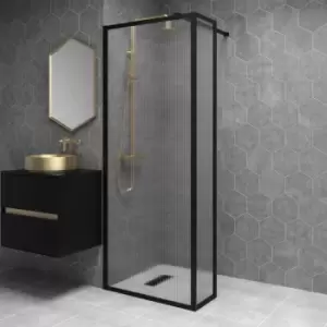 Image of Black 800mm Fluted Glass Wet Room Shower Screen with Wall Support Bar & Return Panel - Volan