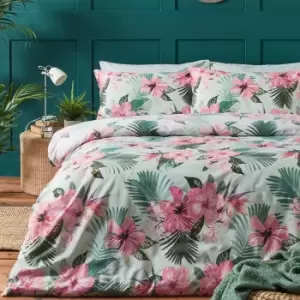 image of Hibiscus Floral Duvet Cover Set Green/Pink, Green/Pink / Super King