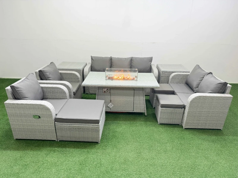 Image of Fimous PE Rattan Garden Furniture Set Reclining Chair Sofa Double Love Seat 2 Seater Sofa Lounge Set Firepit Dining Table 3 Stools 2 Side Table Light
