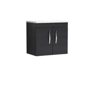 image of Nuie Athena 600 Wall Hung 2-door Vanity & Sparkling White Worktop - Black Woodgrain