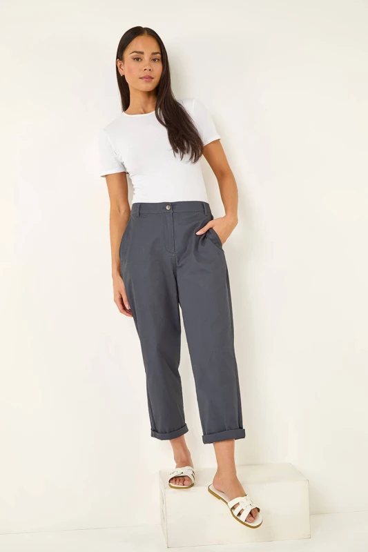 Image of Roman Womens Petite Cotton Blend Stretch Chino Trousers in Charcoal Size: 16 Charcoal Female 16