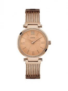 image of Guess Soho Guess Ladies Rose Gold Watch With Crystal Detailing And Rose Gold Wire Bracelet.