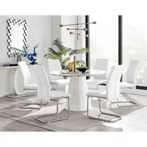 Image of Furniture Box Palma White Marble Effect Round Dining Table and 6 White Lorenzo Chairs