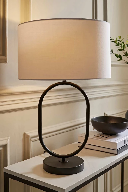 Image of ValueLights ValueLights Antonia Fabric Drum Lamp Shade Matte Black Oval Table Lamp in White White One Size Unisex 5059406064999