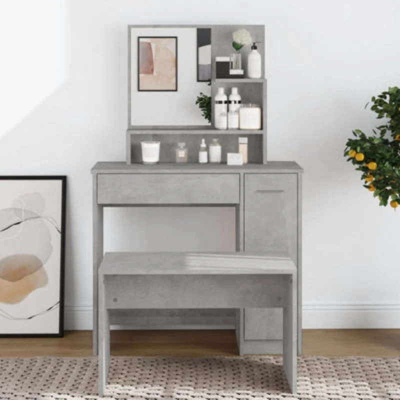 Image of Vidaxl Dressing Table With Mirror Concrete Grey 86.5X35X136 Cm, Grey 802961