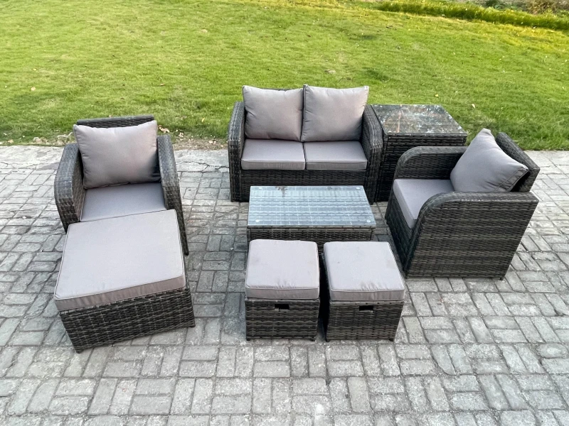 Image of Fimous Wicker PE Rattan Outdoor Furniture Set Garden Love Sofa Coffee Table 2 Armchair 3 Footstools Side Table Dark Grey Mixed Dark Grey