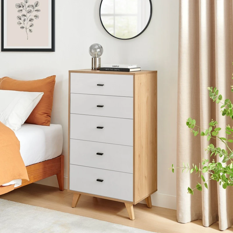 Image of FurnitureboxUK FurnitureboxUK Bisset Off-White & Wood Effect Chest of 5 Drawers in Off White Off White One Size Unisex 5060661188160